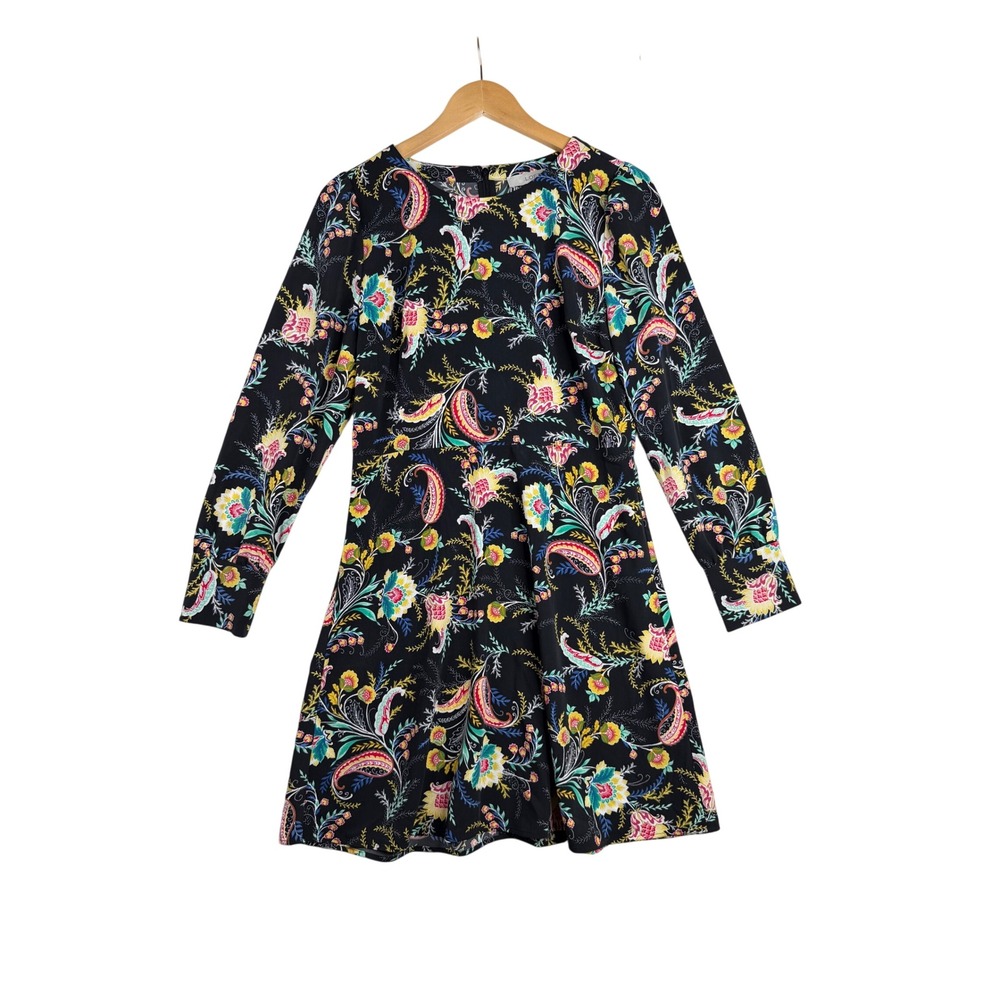 Loft Floral/Paisley Print Long Sleeve Dress‎ size 6 Black/Blue/Yellow